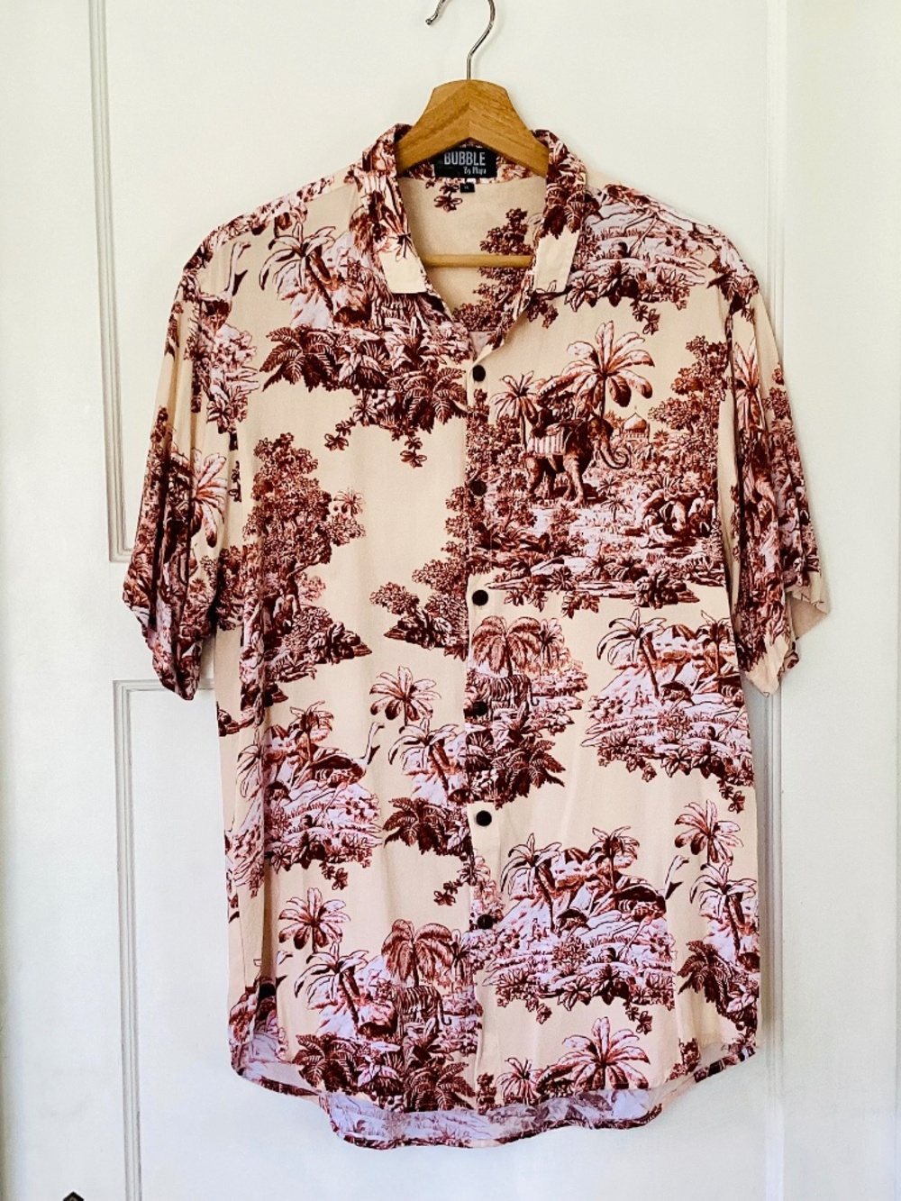 Bubble by Maju Cream Brown Men XL Button Down Summer Shirt Rayon Safari Summer